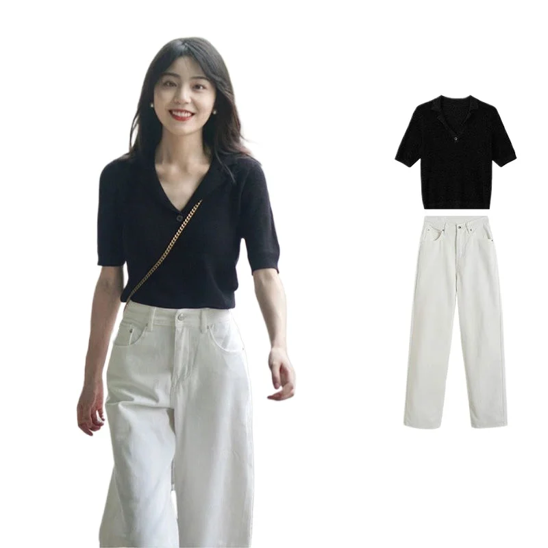 

Summer Black V-neck Knitted Short Sleeve + White Loose Wide-leg Pants Two-piece Set for Girls