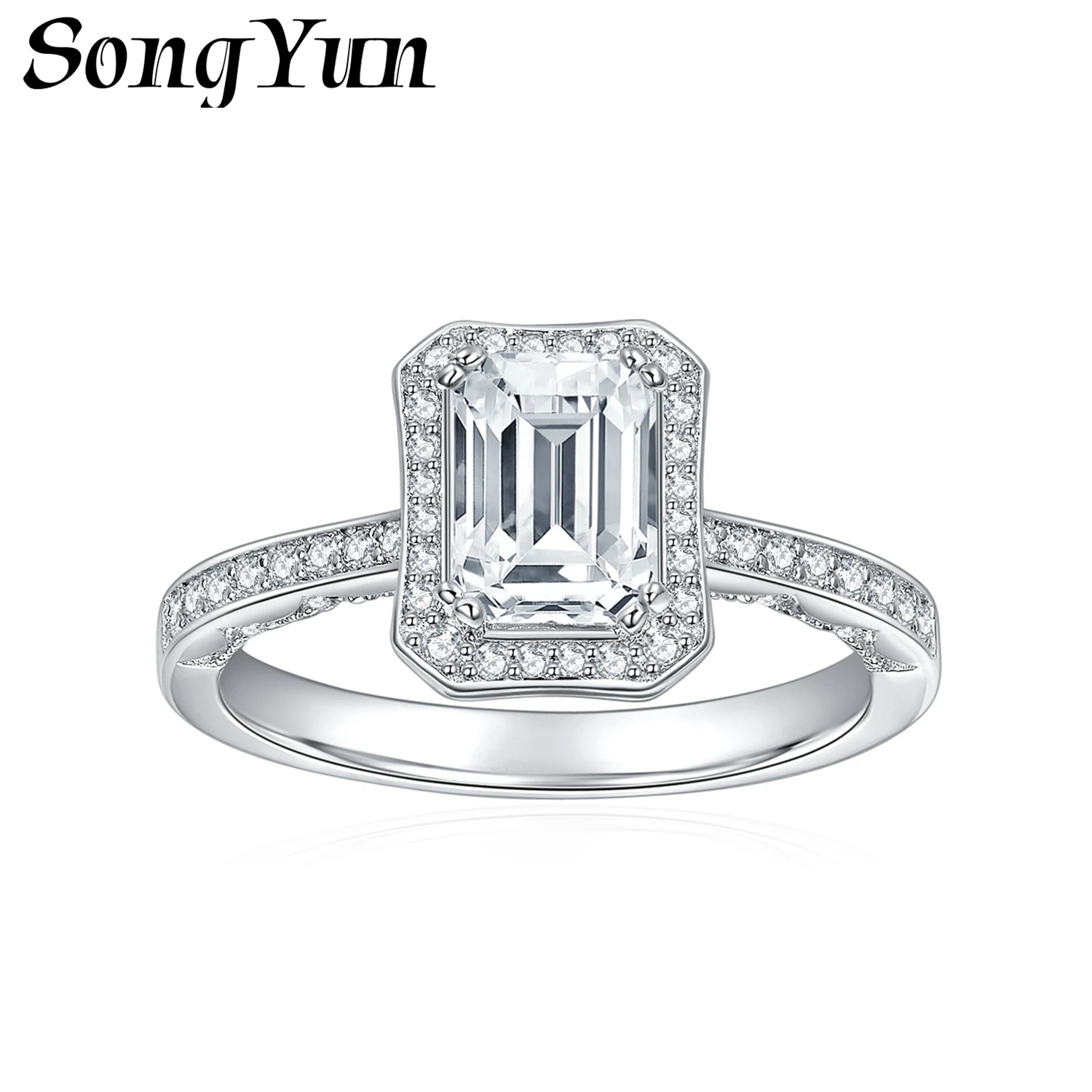 SONGYUN Moissanite Diamond Jewelry 57mm Emerald Cut Full Moissanite Ring for Women 18K Gold Plated S925 Sterling Silver Jewelry