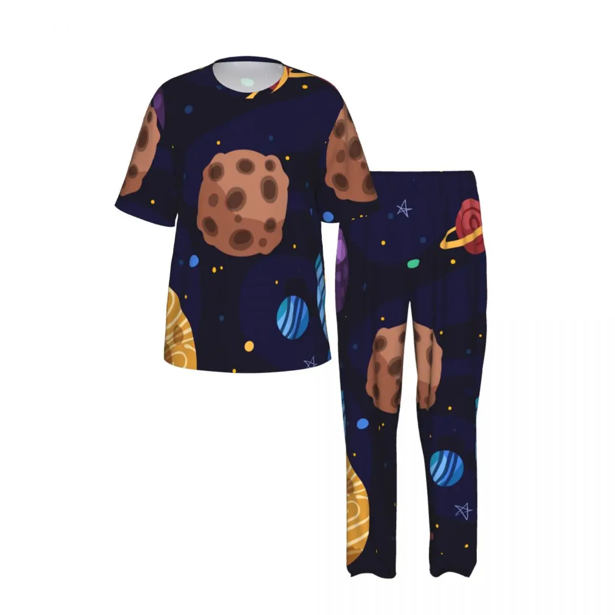 Men Pajamas Suit Short Sleeved Long Pants Cartoon Galaxy Sleepwear Summer Home Clothing Set view 2
