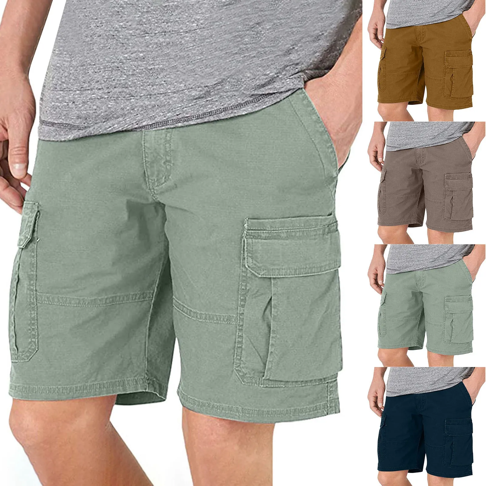 Half Men\'s Cargo Shorts With Draw String Solid Khaki Strech Front Pocket Big And Tall Luxury Nylon Wide Male Bermuda Short Pants