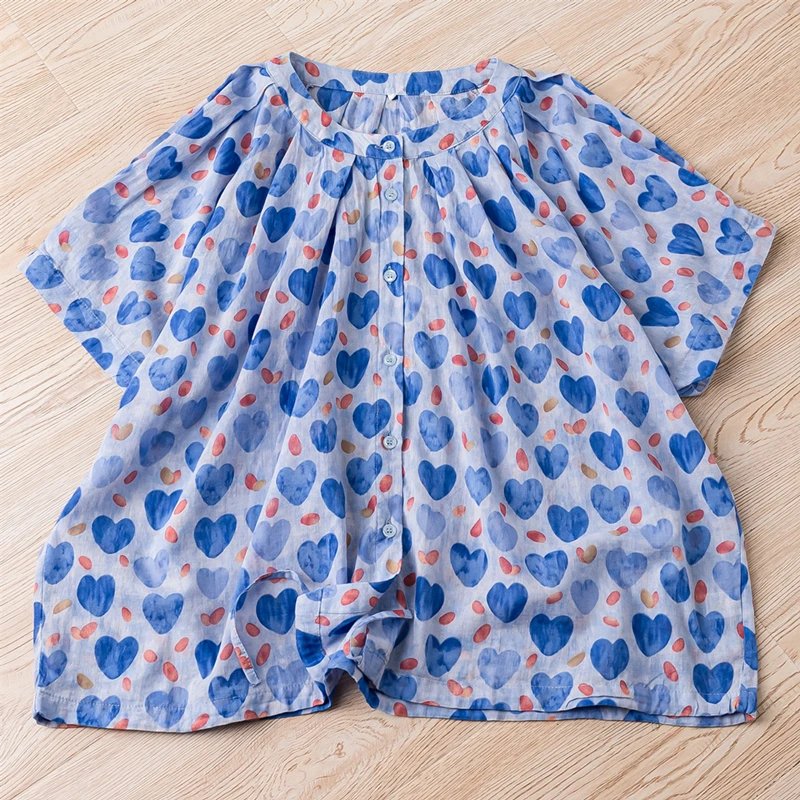 Summer New Cotton Girlish Round Neck Shirts Short Sleeves Heart Printed Loose Breathable Pastoral Style Button Coats Blouses