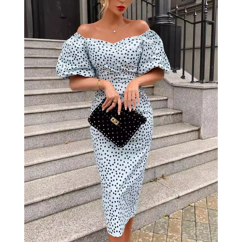 

Elegant Women Fashion Polka Dot Print Puff Sleeve Off Shoulder Bodycon Midi Formal Dress Summer Sexy Party Evening Long Dress