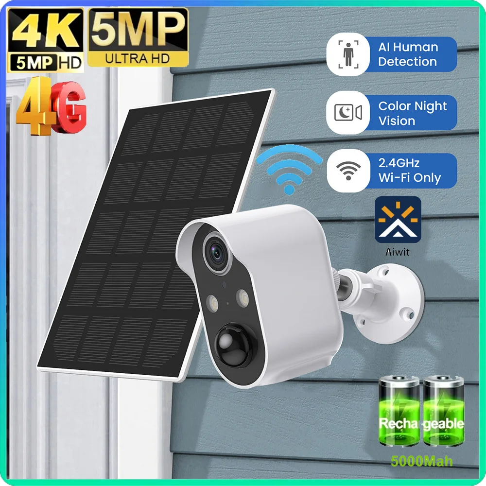 4K 5MP HD 4G WiFi Camera Built-in 5000Mah Battery Solar Camera Outdoor Surveillance Two-way Voice Intercom Security Camera