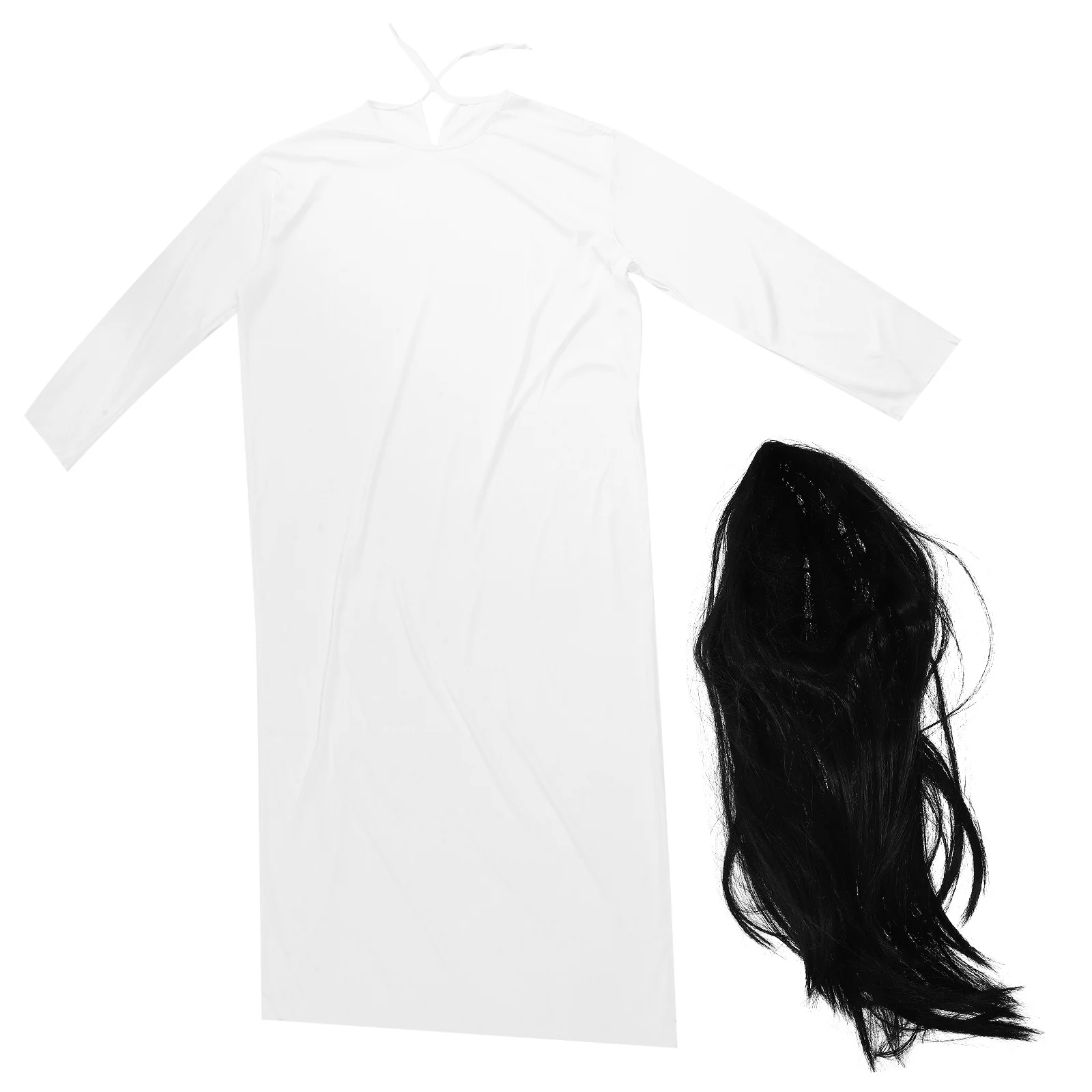 Halloween Horror Cosplay Abbigliamento bianco Capelli neri Costume da fantasma Vesti oggetti di scena per giochi di ruolo in feste Costume horror di Halloween