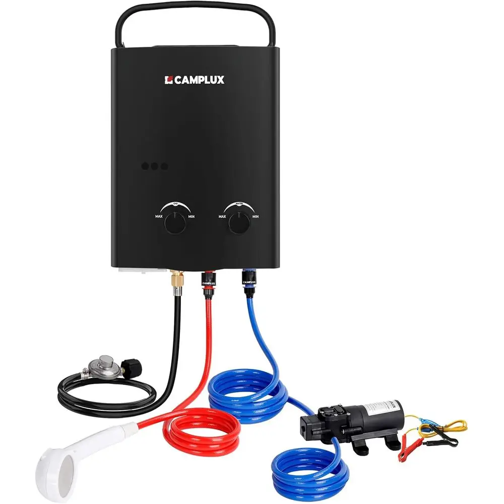 

Portable 5L Propane Gas Tankless Water Heater with 1.32 GPM Flow Rate and 1.2 GPM Pump, Black