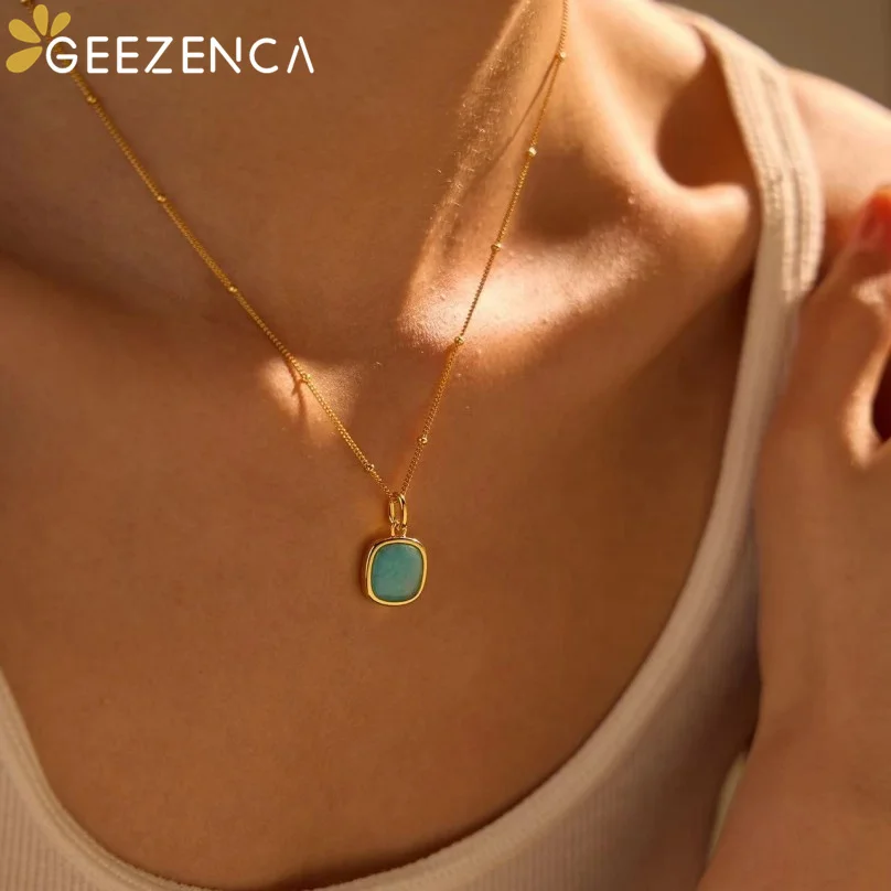 GEEZENCA Natural Amazonite 925 Silver Pendant Necklace For Women Luxury 18k Gold Blue Stone Minimalism Chic Necklaces 2024 New