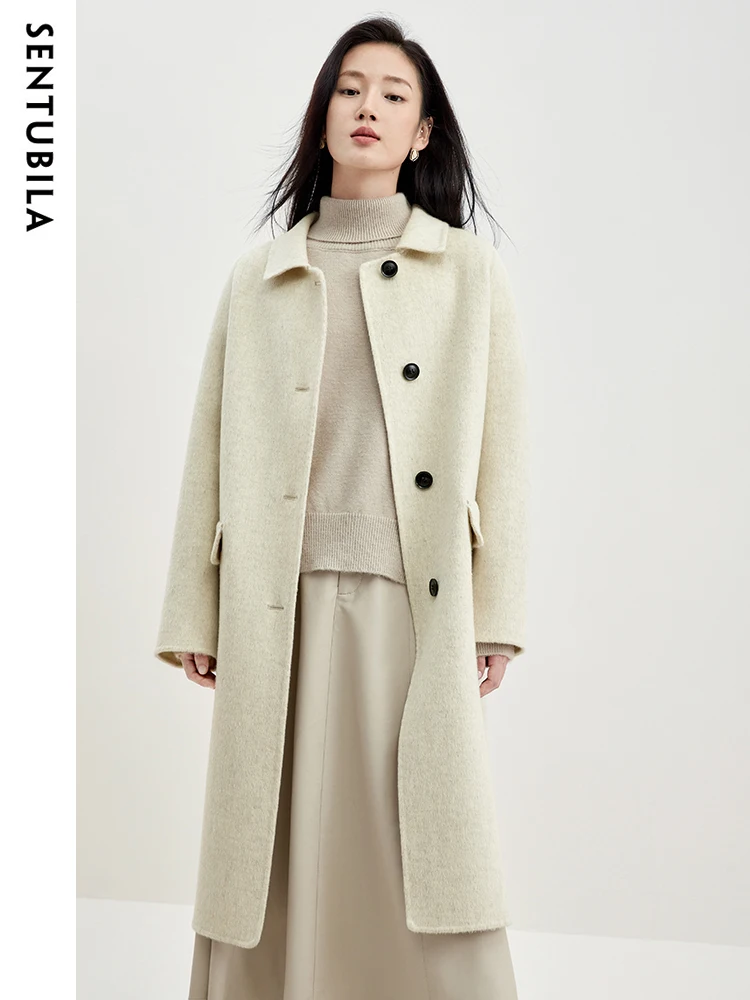 

SENTUBILA Women's Winter 100% Wool Coat 2024 Simple Warm Lapel Double-faced Woolen Long Jacket Woman Fashion Overcoat W34O49911