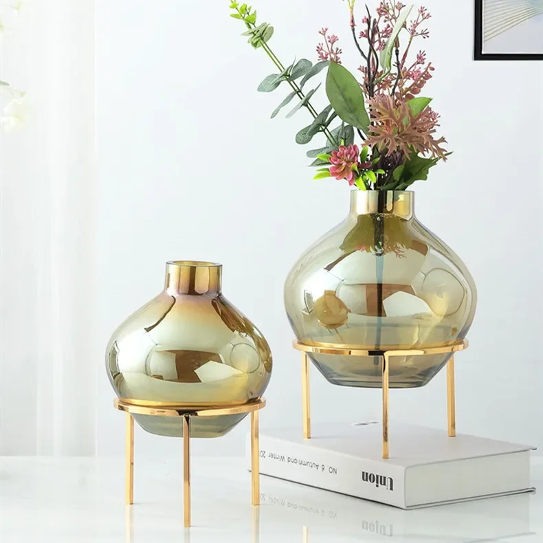 Mirror Glass Vase Iron Frame Base Flower Arrangement Hydroponic Desktop Two-piece Suit Ornaments Decoration Fake Flowers