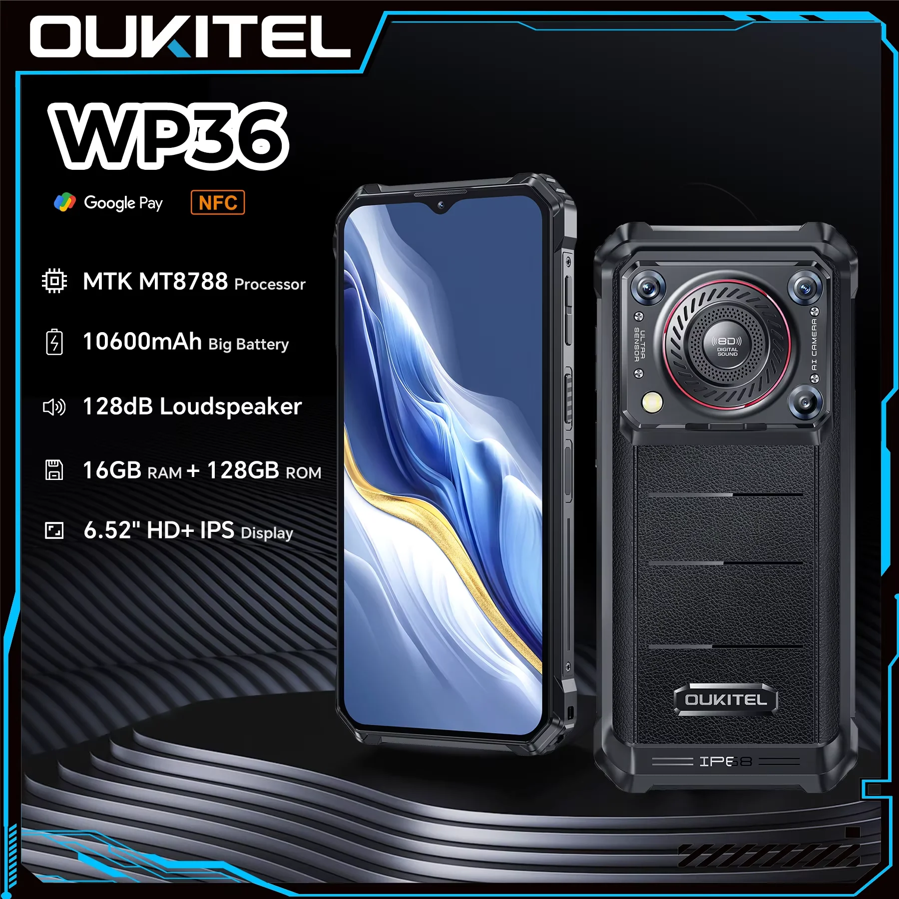 OUKITEL WP36 Rugged Phone - 10600mAh, 6.52'' HD+ Display, 16(8+8)GB+128GB, 13MP+Night vision Camera, NFC Smartphone Android 13