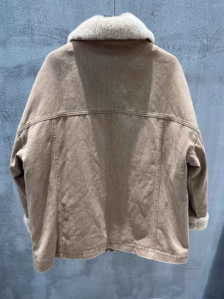 2025秋冬 レディース 本物の羊毛襟 天然グースダウンコート デニムジャケット アウター 高級婦人服ジャケット