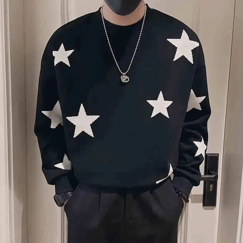 Autumn Harajuku Men Sweatshirts Black Long Sleeved T-shirt Men Clothes Stars Graphic top Crewneck for Men Streetwear 2024