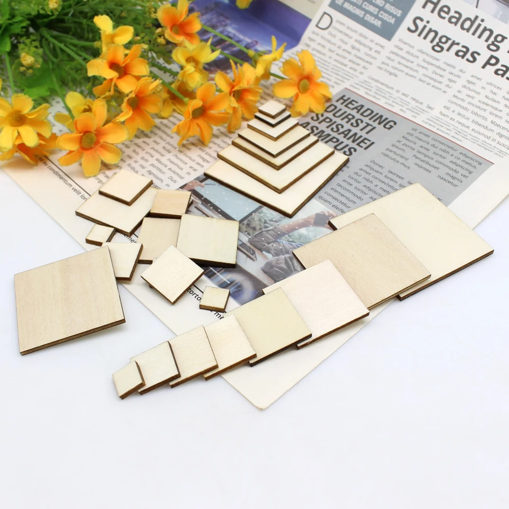 15/100pcs 10-50mm Unfinished squares Wood Sheet DIY Printed Blank Wooden Plate Model Slices Supplies Scrapbook Decorative Craft