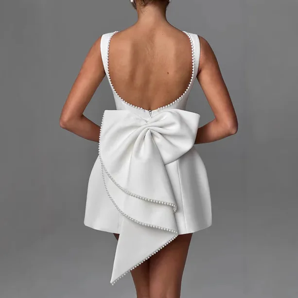 

Elegant Pearl Bow Backless Short Dress Women's Mini Dresses Evening Party Black White Pink Chic Birthday Y2K Festival Summer New