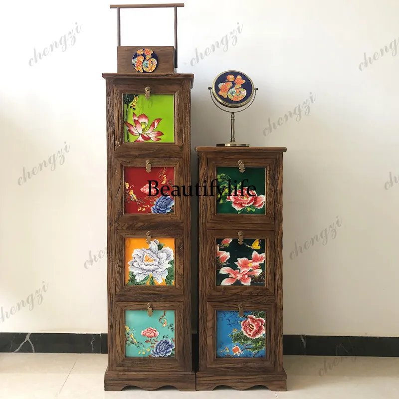 three-dimensional relief hand-painted ceramic inlay, solid wood storage locker retro, bucket cabinet