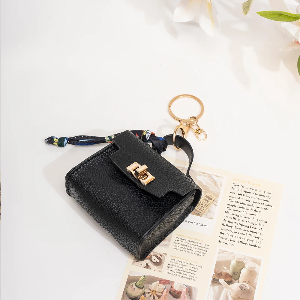 Cute Mini PU Leather Keychain Wallet With Lanyard, Portable Lipstick Pouch Earphone Bag,Black