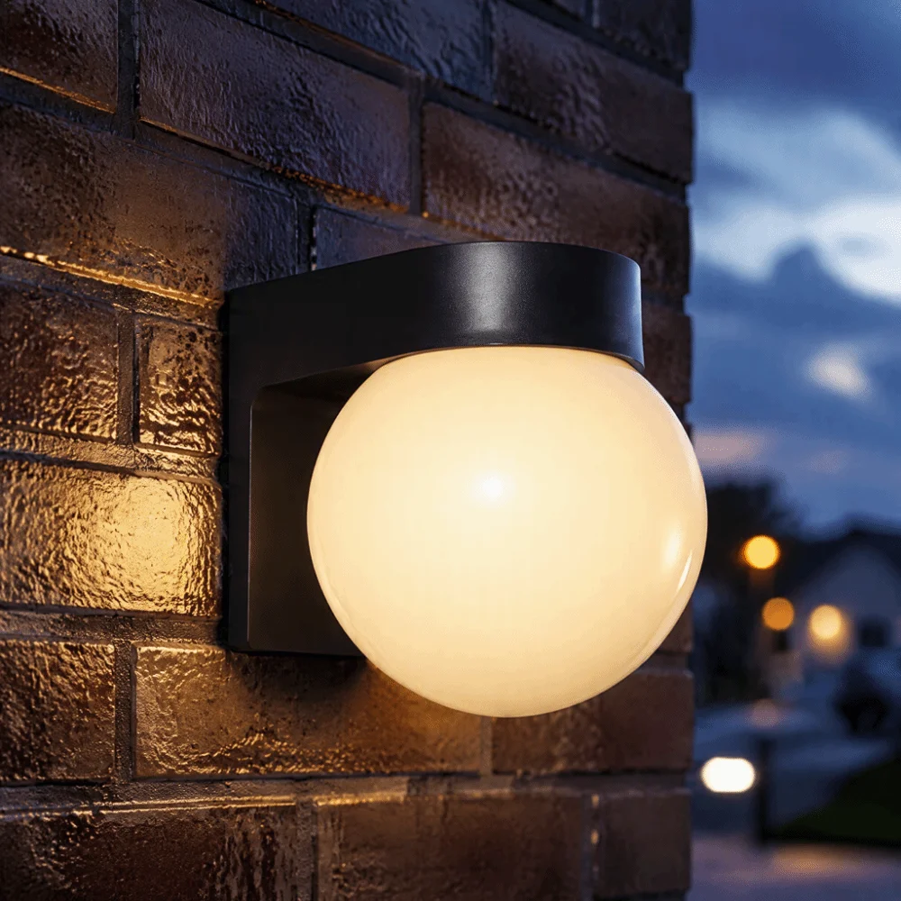 1pcs Creative Milky White Outdoor Wall Sconce Round Globe Black Finish Garden Lamp Exterior Wall Light Outdoor