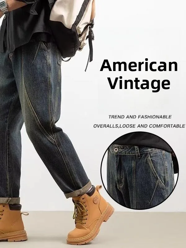 

Мужские джинсы в стиле ретро, американские свободные прямые длинные брюки, осень-зима-весна, модная повседневная одежда, прочная