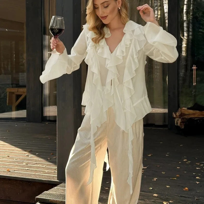 

Women Flowy Bow Front Tie Top Elegant Long Sleeve Peplum Lace Trim Chiffon Shirt Sheer V Neck Chiffon Boho Ruffle Beach Blouse