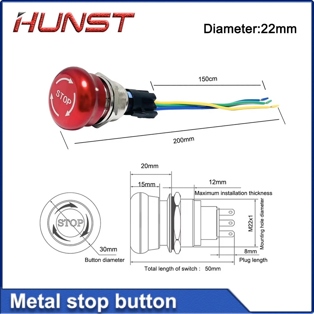 HUNST 금속 비상 정지 푸시 버튼 스위치 직경 22mm 전기 장비 비상 정지 버튼 방수