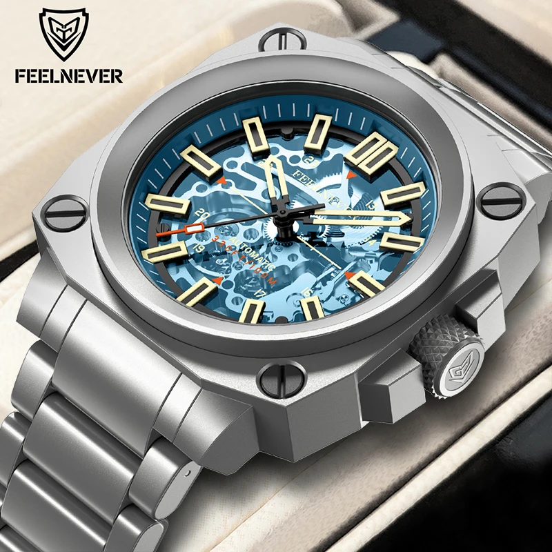 FeelNever Creative Automatic Movement Men\'s Watches Hollow Fashion Casual Sport Military Leather Waterproof Mechanical Watch+Box