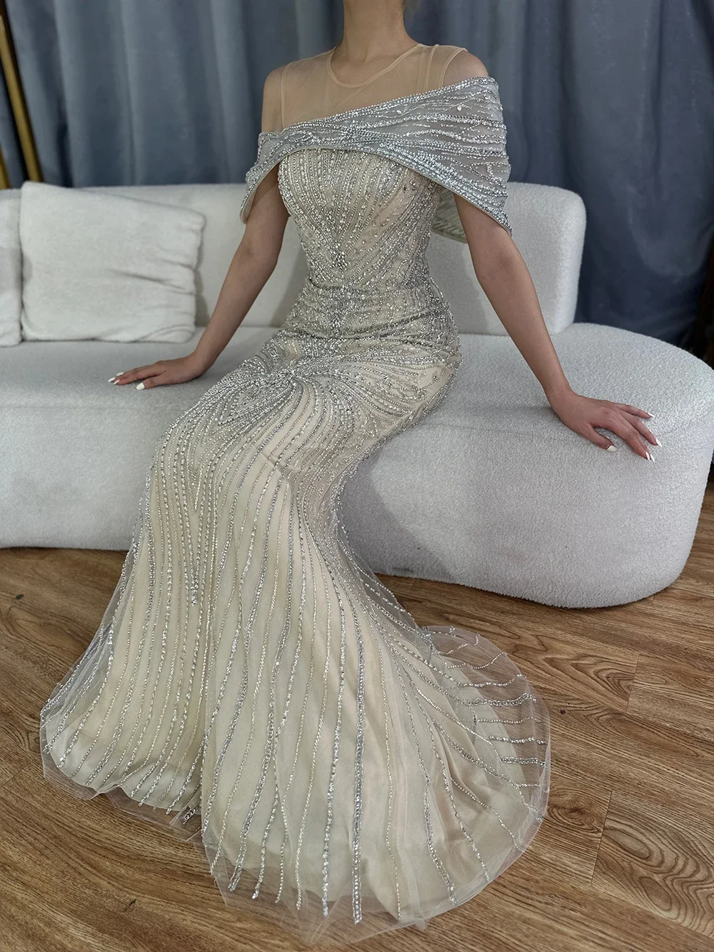 Serene Hill Customized 2025 Saudi Arabic Silver Nude Beaded Mermaid Evening Dress Gown for Formal Occasion GLA72800