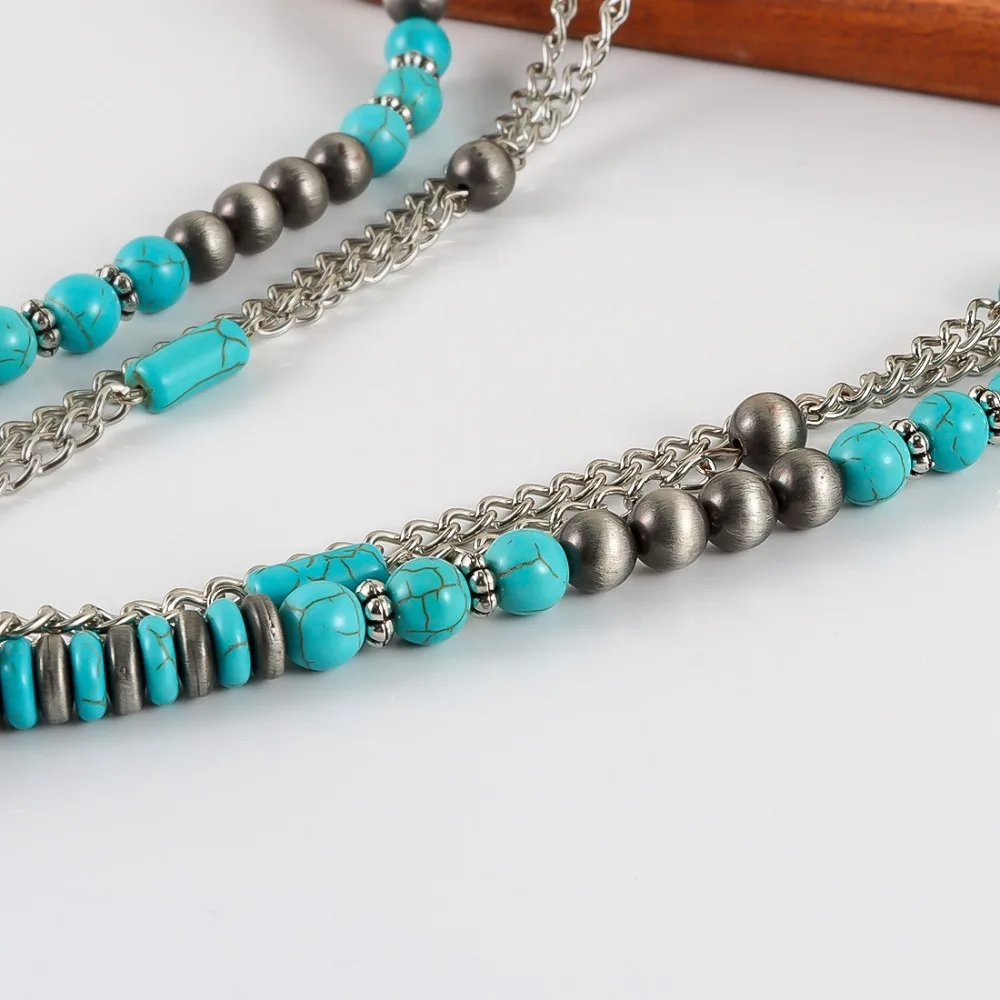 Summer Bead Multilayer Turquoise Necklace Cactus Ethnic Style Western Country Necklace Retro Stacked Beach Choker Party