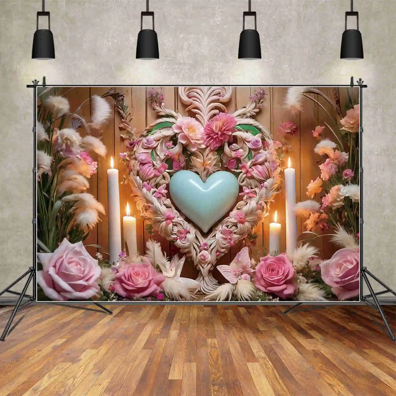 MOON.QG February 14 Backdrop Photography Valentine's Day Floral Love Heart Angel Wing Background Women Birthday Decor Supplier