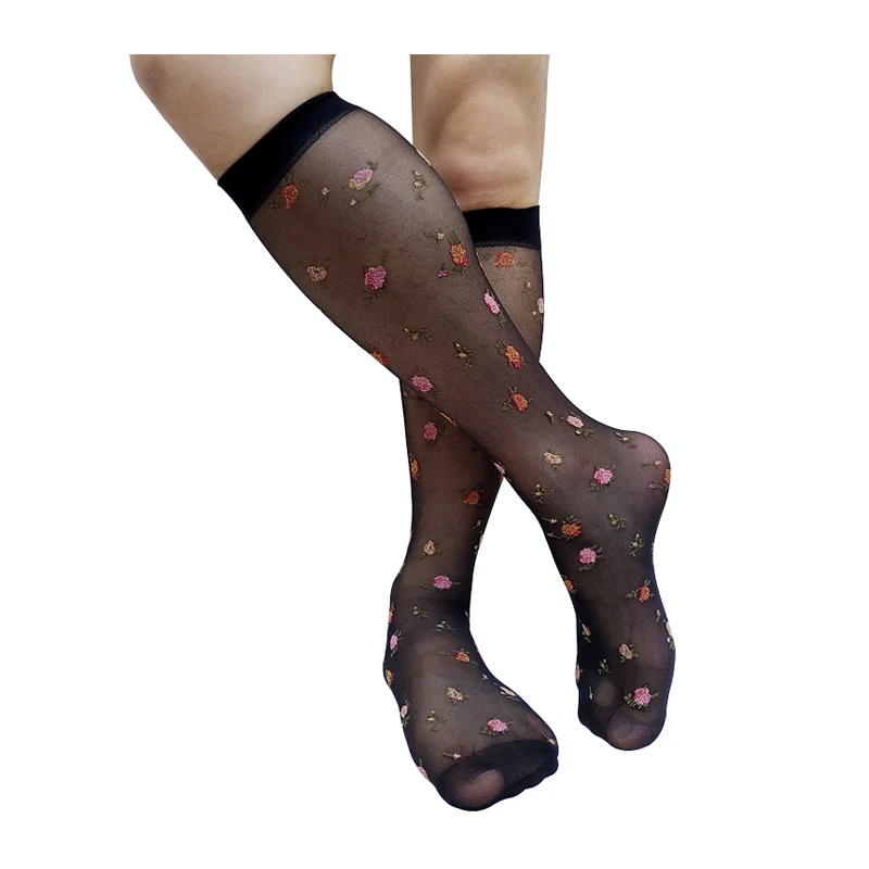 

See Through Sheer Men Formal Dress Suit Socks With Flower Embroidery Thin Long Tube Knee High Sexy Socks Stocking Softy