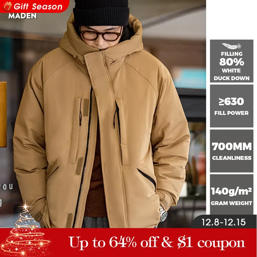 Maden Men\'s Khaki White Duck Down Hooded Down Jacket Outdoor Warm Thickened Coat Winter Casual Stand-up Collar  Windproof Jacket