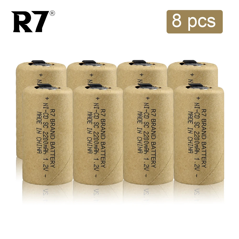 R7 8pcs SC 1.2V Rechargeable Battery 2200mAh NI-CD Sub C with Welding Tabs for Electric Drill Screwdriver