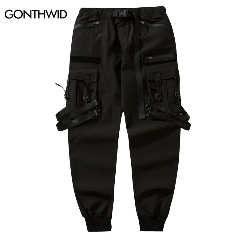 

Men Cargo Harem Pants Streetwear Hip Hop Size Ribbon Multi-Pockets Baggy Joggers Autumn Harajuku Casual Loose Trousers Black