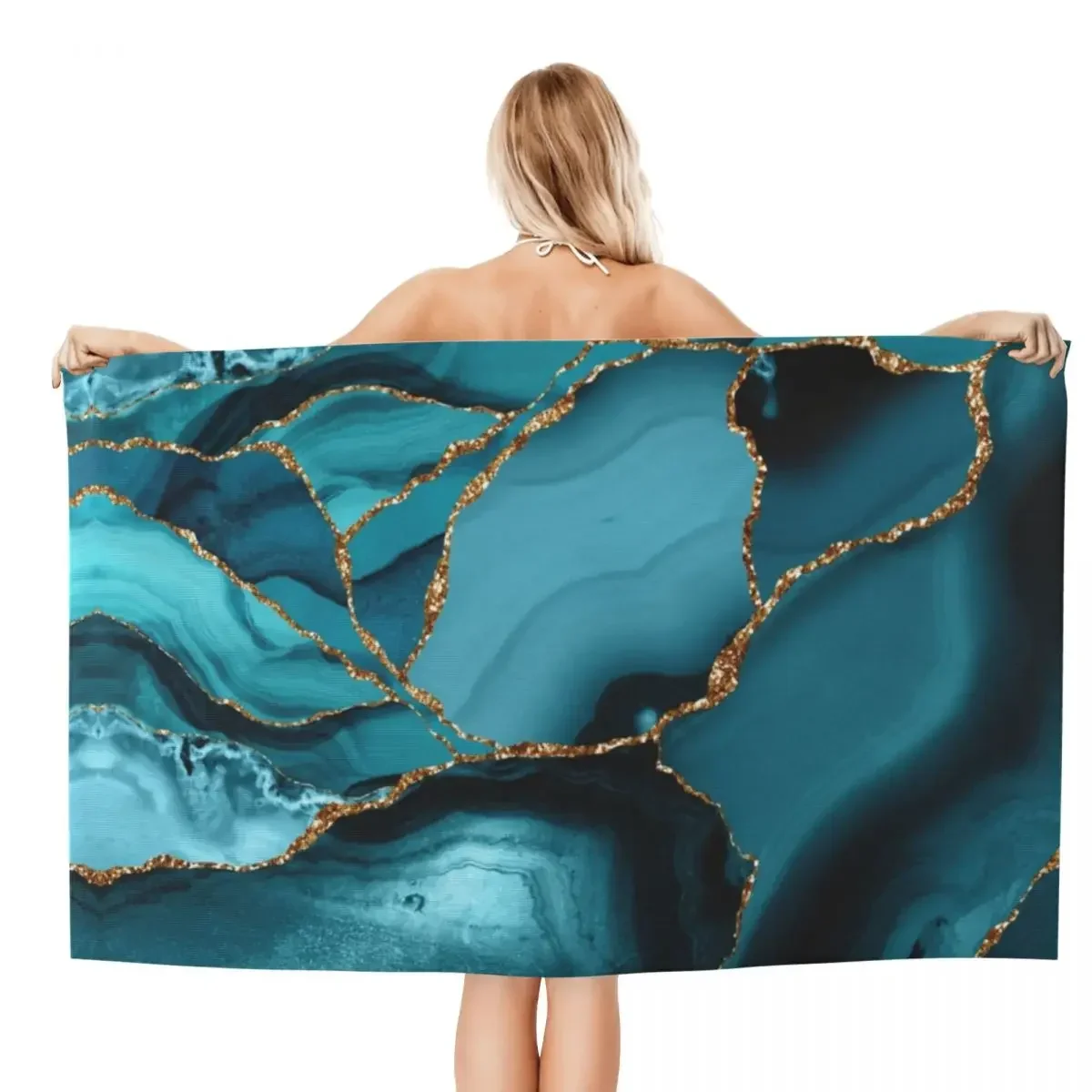 Custom Teal And Gold Marble Landscape Waves Beach Towel Geometric Super Soft Microfiber Bath Towels