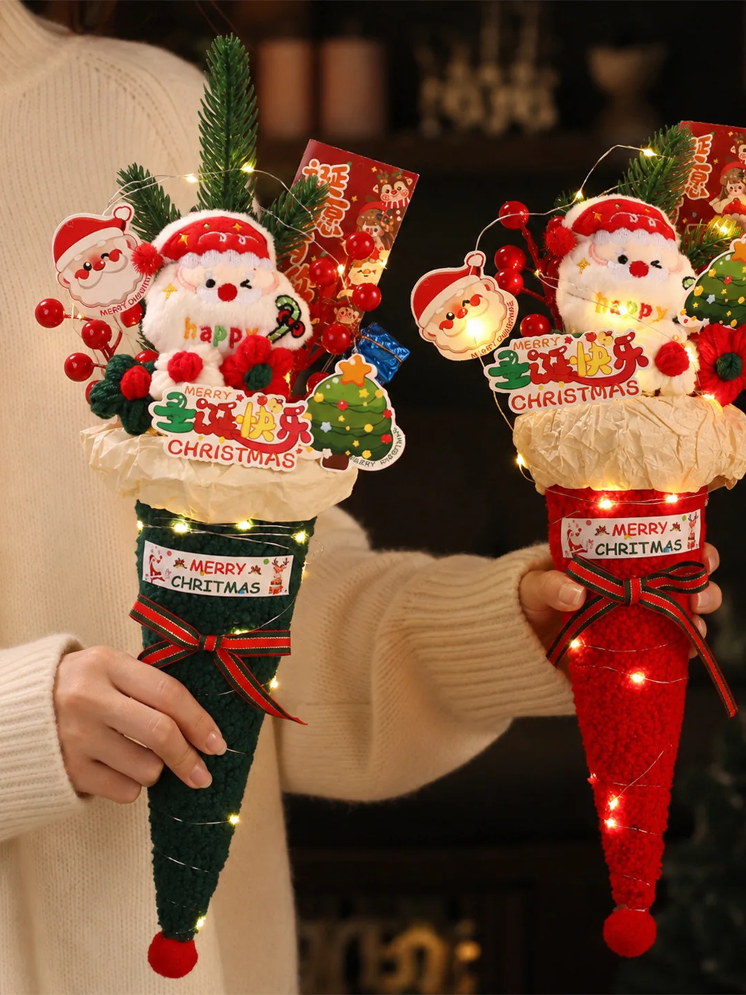 クリスマスギフト-サンタクロース-コーンフラワーブーケ-甘い外装付きクリスマス小物ギフト-外国の女の子向け-クリスマステーマ