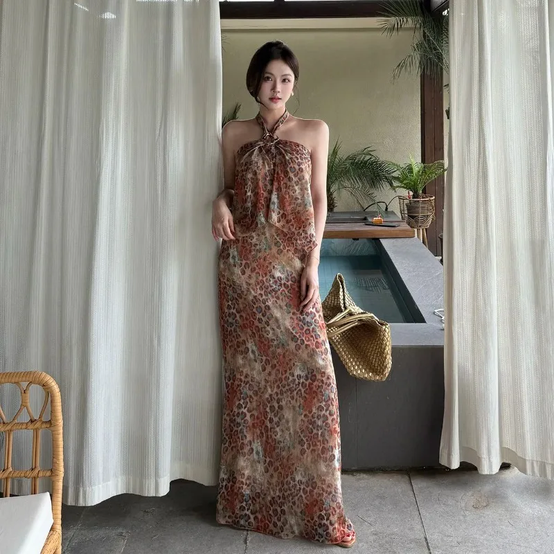Women French Style Tie Dye Leopard Print Halter Backless Top High Waist A Line Skirt Set Vacation Outfit S XL