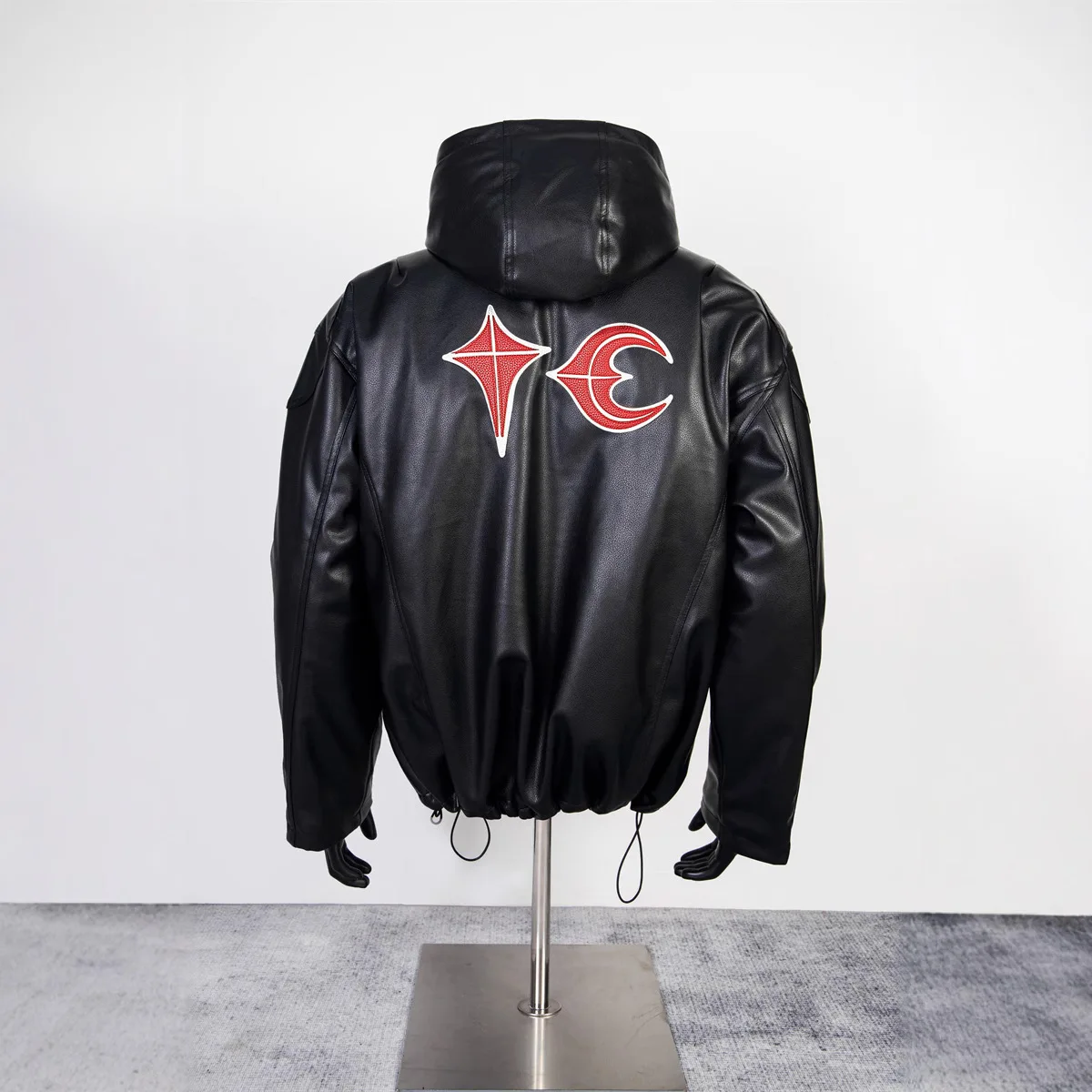 Thug Club Street American Retro PU Leather Star and Moon Embroidered Zipper Jacket