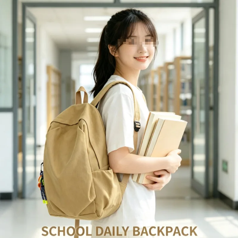 Canvas Backpack with Side Pockets & Colorful Rope Charm for School Travel Daily Use Casual Lightweight Bag