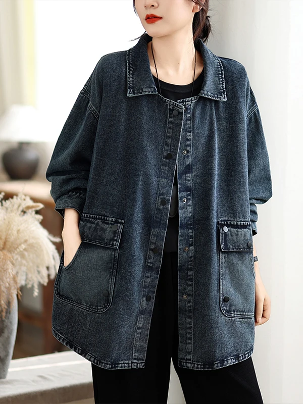 Fashionable Casual Loose Fit Women's Denim Jacket Square Collar All-Match Spring Autumn Outerwear Comfortable Breathable