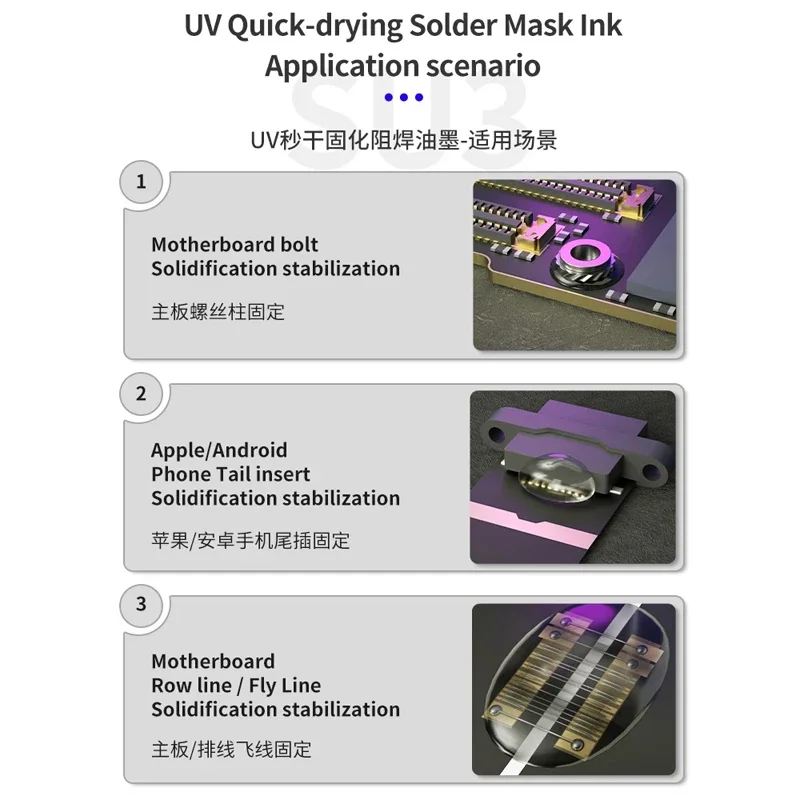 3PCS MECHANIC 10ML UV 3S Quick-drying Solder Mask Ink for Mobile Phone Repair Jumping Wire + L1 UV curing light