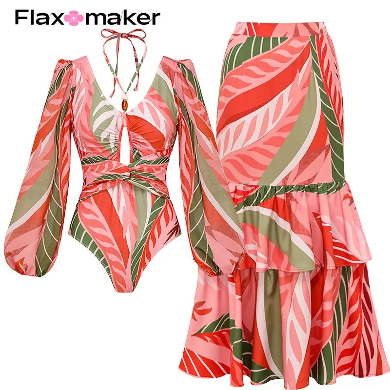 

Flaxmaker 2024 Printed Ruffle Bikini and Skirt Vacation Swimwear Women Beachwear Bathing Suit Clearance Wholesale