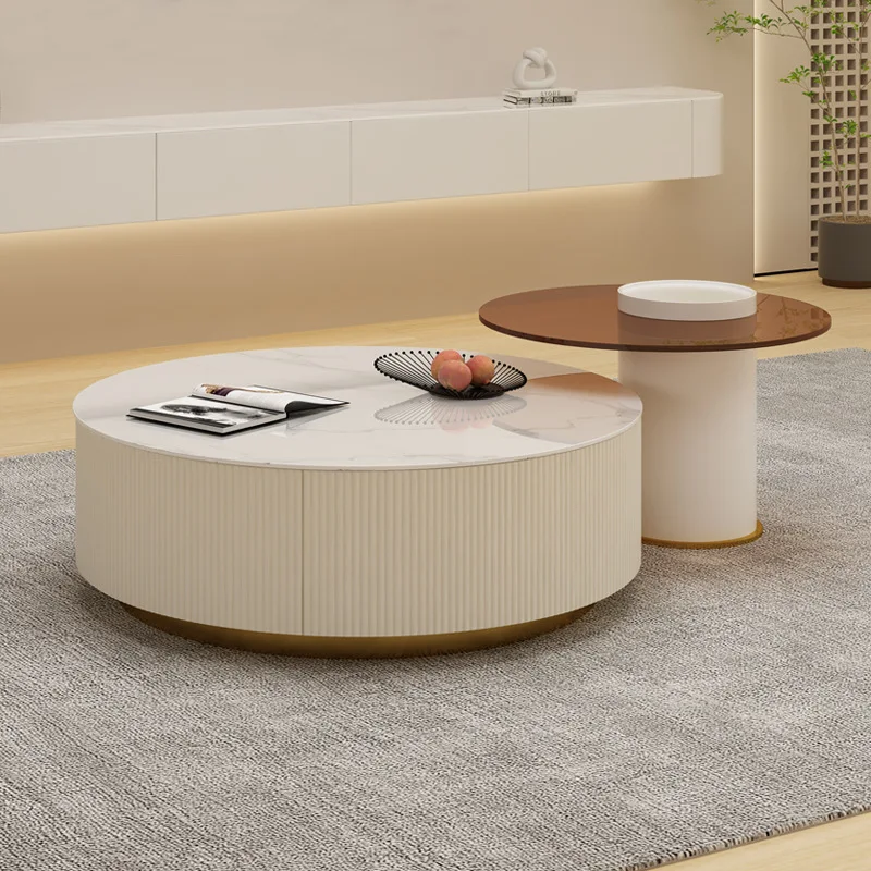 

Rock slab light luxury coffee table round living room household simple modern small apartment large and small round coffee table