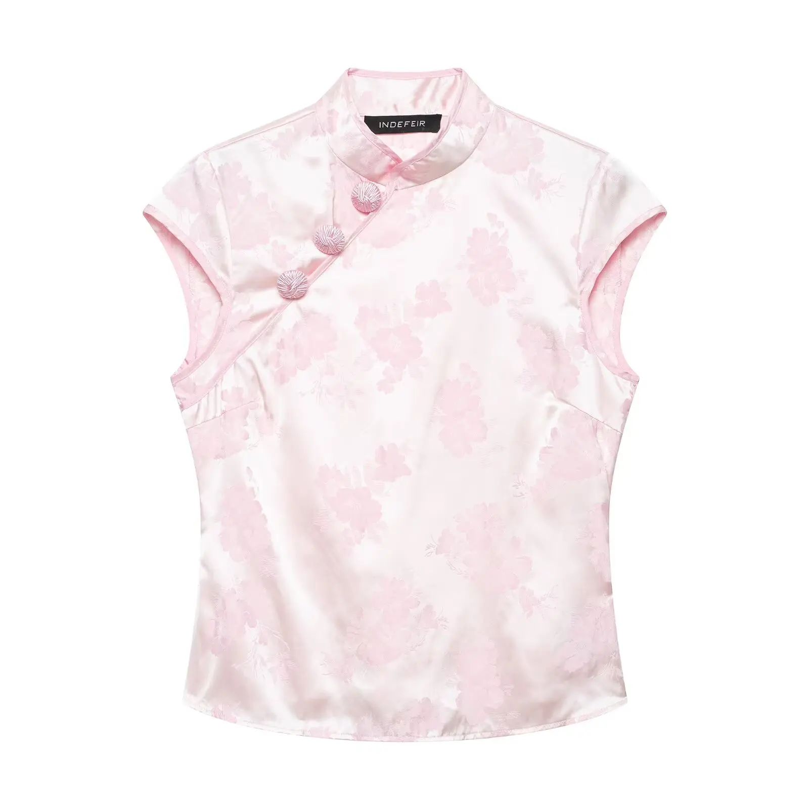 BSAY Bluse im chinesischen Stil mit Blumenmuster aus Jacquard-Satin für Damen, Sommer-Oberteil mit Stehkragen und Flügelärmeln, elegantes Hemd im Qipao-Stil mit Knopfleiste – Detail 2
