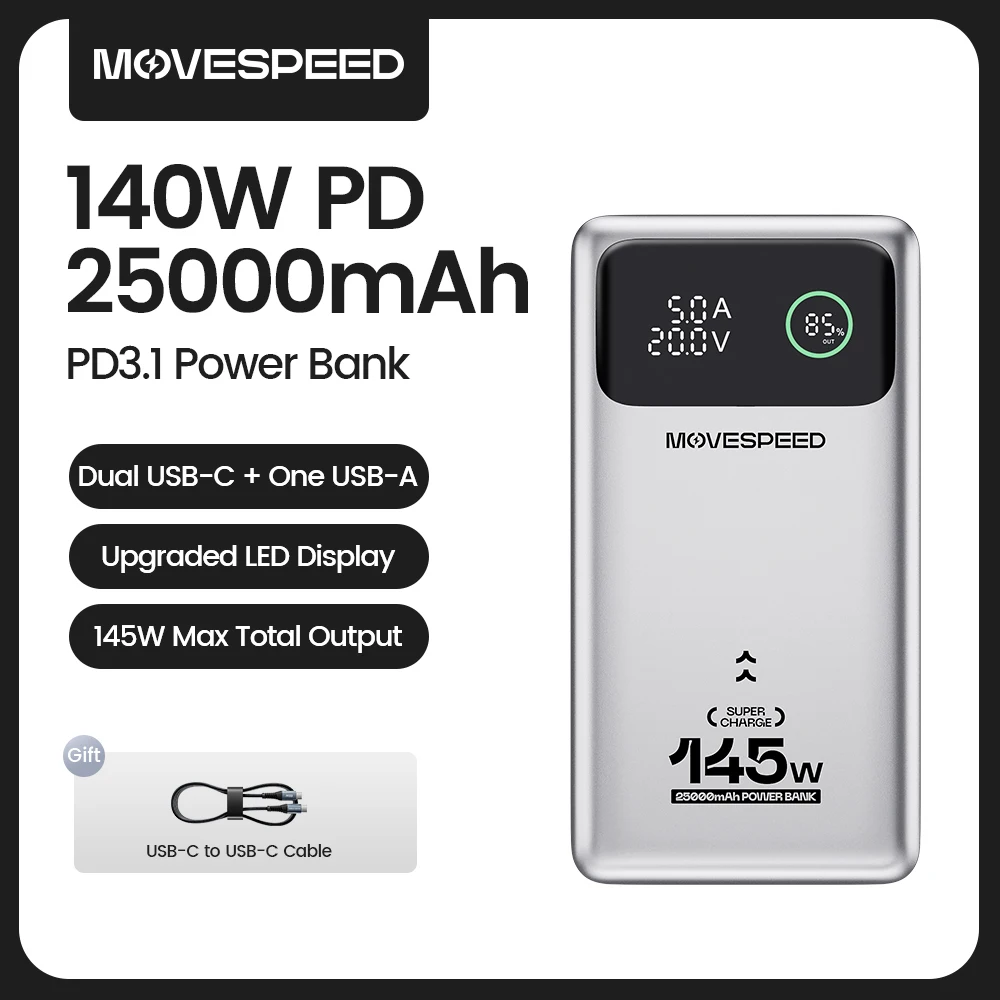 MOVESPEED M25Pro 25000mAh Power Bank 140W Type C PD Snel opladen PowerBank Externe draagbare oplader voor MacBook Lenovo Laptop