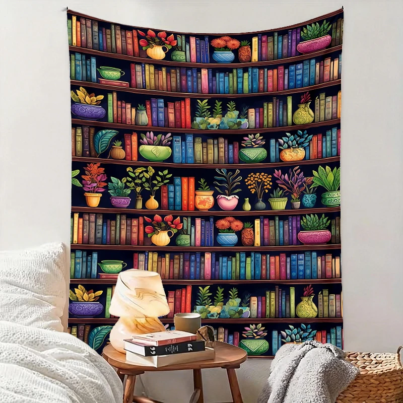 1PC Colorful Bookshelf Art Print Backdrop Banner, Bedroom Living Room Photo Background, Polyester, Home Decor, Wall Art