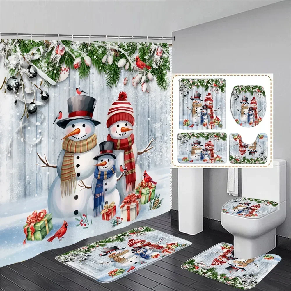 Cute Snowman Shower Curtain Set Winter Forest Xmas Trees Snowflake Pink Christmas Decoration Bathroom Bath Mats Toilet Lid Cover