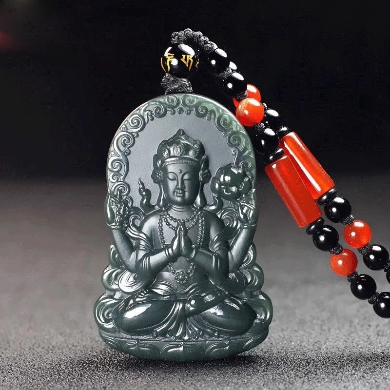 

Natural Hotan Green Double-Sided Thousand-Armed Avalokiteshvara Bodhisattva Men's Jade Pendant Necklace