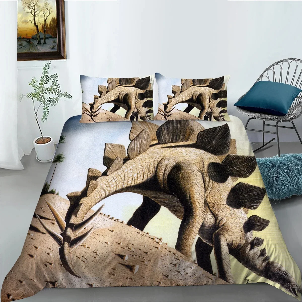 Jurassic Dinosaur Duvet Cover Set for Boys King/Queen Size Polyester Bedding Set Big Stegosaurus Brontosaurus Pterosaur