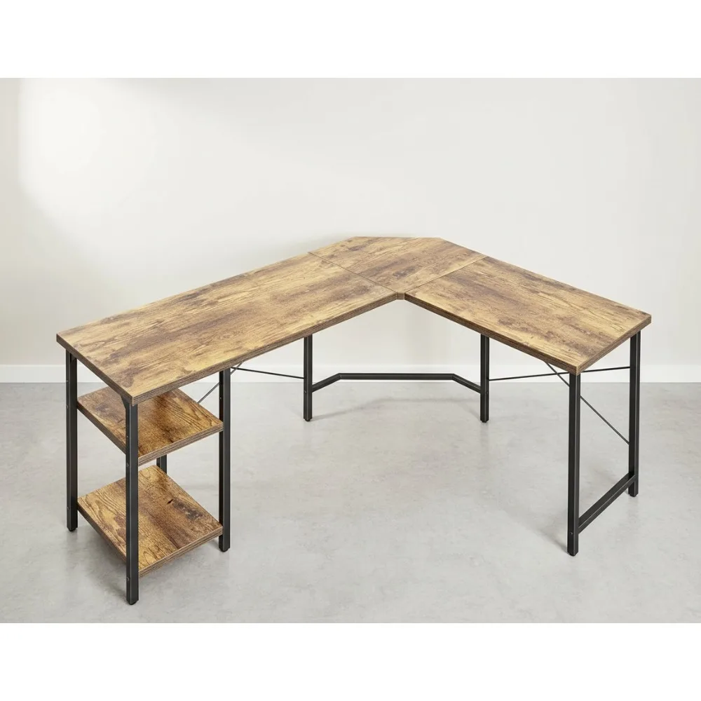 مكتب زاوية على شكل حرف L قابل للعكس مقاس 59.1 بوصة مع أرفف تخزين، مكتب دراسة ألعاب مكتب منزلي واسع باللون البني الريفي