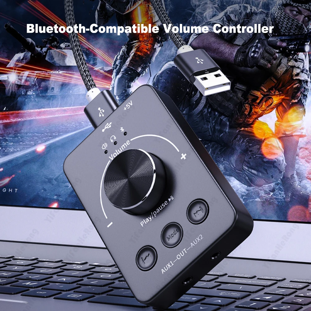 USB Volume externo Control ajustar o botão, compatível com Bluetooth 5.1 com Play Pause, mudo, 3 modos, áudio ajustar, mudo