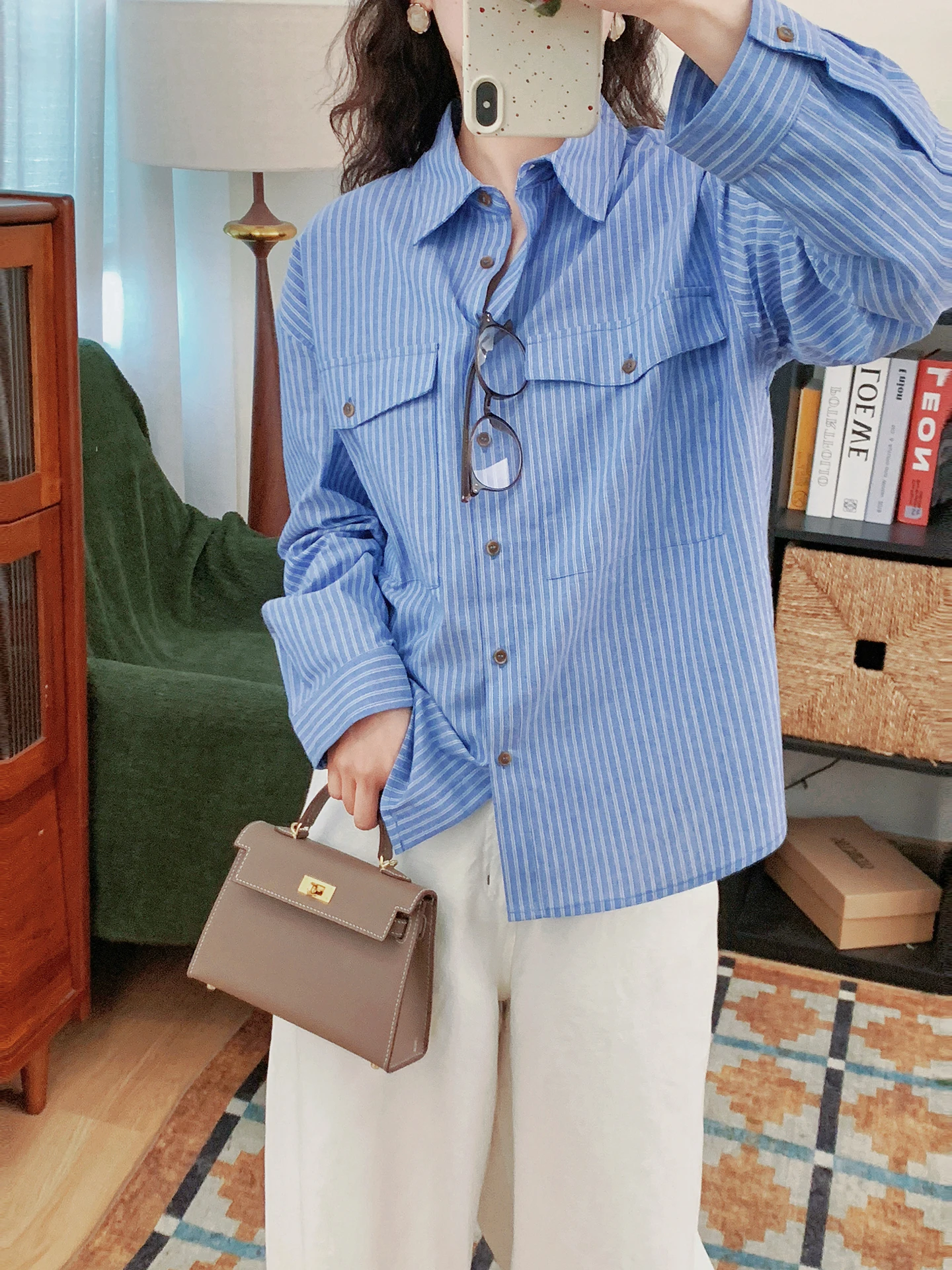 

Casual Loose Women's Shirt Cotton Linen Blue White Stripes Breathable Comfortable High Quality Small Size Loose Shirt