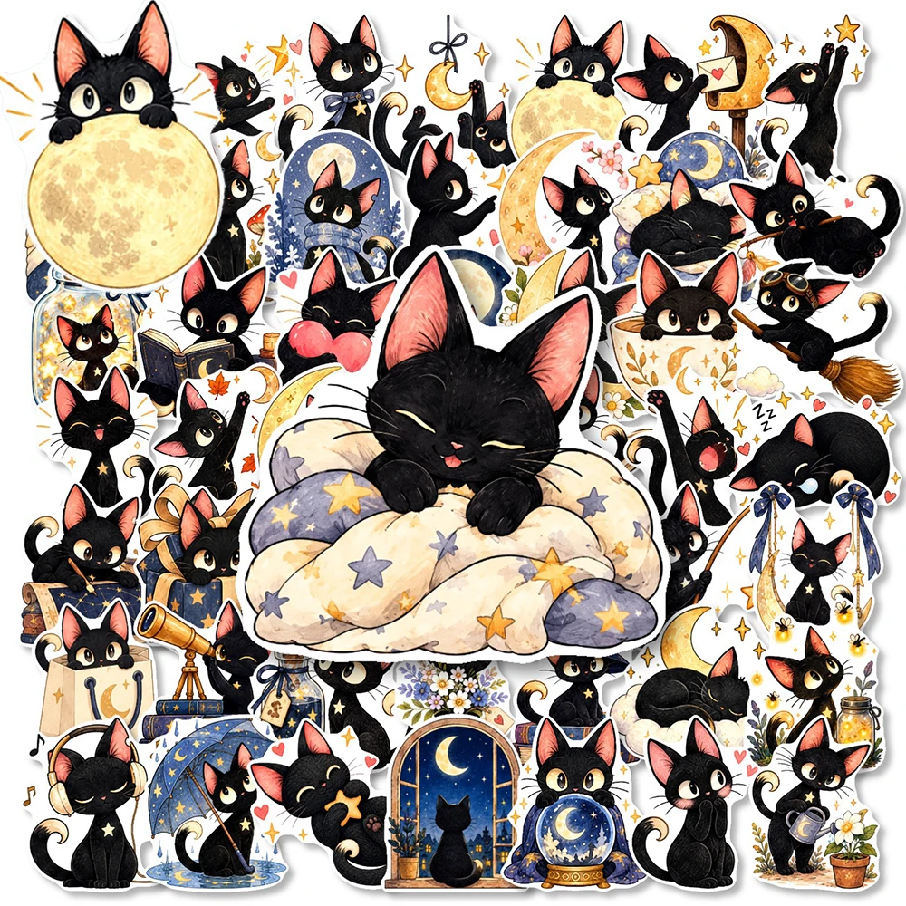 10/30/50pcs Cartoon Star Moon Black Cat Stickers Kawaii Kitten Decal for Notebook Tablet Scrapbook Animals Pattern Sticker Packs